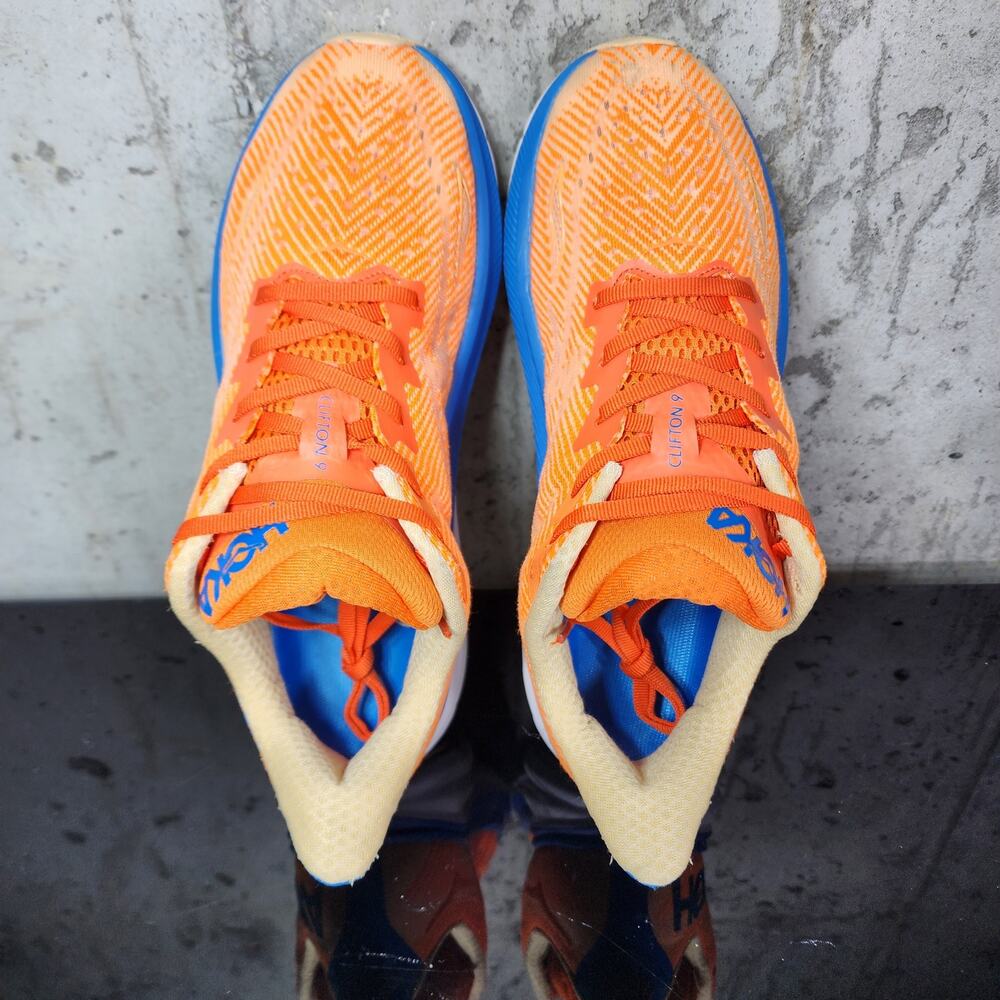 MSRP $165 Hoka Clifton 9 Men’s Running Shoes Size 8 D Orange Blue - Picture 2 of 5